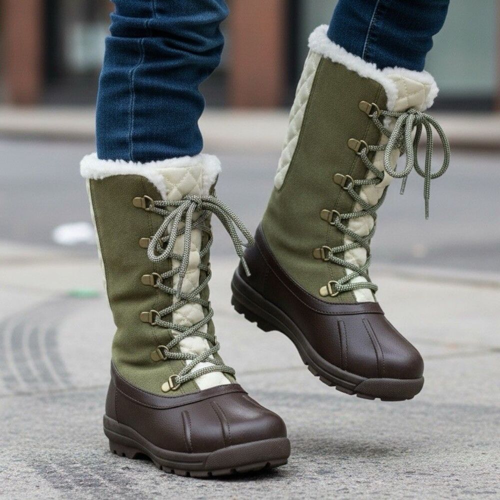 Lands’ End‎ Green Suede Lace Up Snow Boots Girls 12 Après Ski Winter
